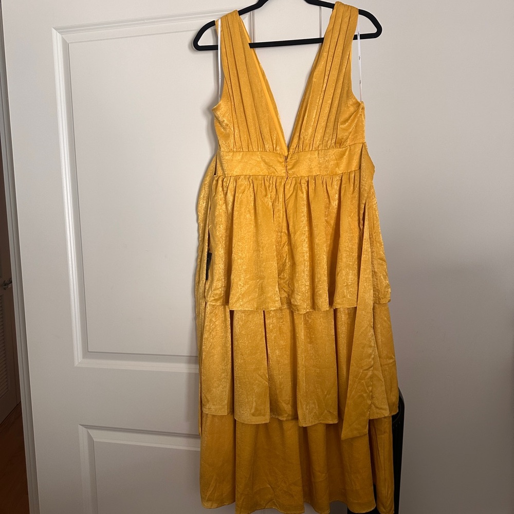 Lulu's Peak Party Vibe Mustard Yellow Satin Tiered Tie-Back Midi Dress - Picture 2 of 5